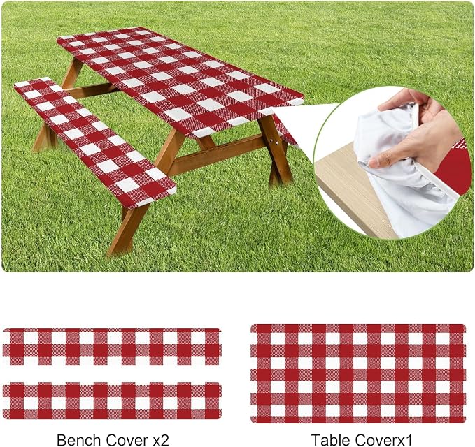 FOREVER QUEEN Picnic Table Cover with Bench Covers 72in,Waterproof Windproof Fitted Tablecloth,Red White Buffalo Plaid Camping Essentials with Drawstring Bag for Patio,Park & Backyard