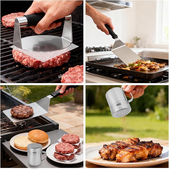 Flattened Burger Press Smash Kit, Includes Stainless Steel Smasher Plate Grill Spatula Seasoning Shaker & Hamburger Patty Papers Griddle Accessories Tools for Flat Top Grill BBQ & Outdoor Cooking