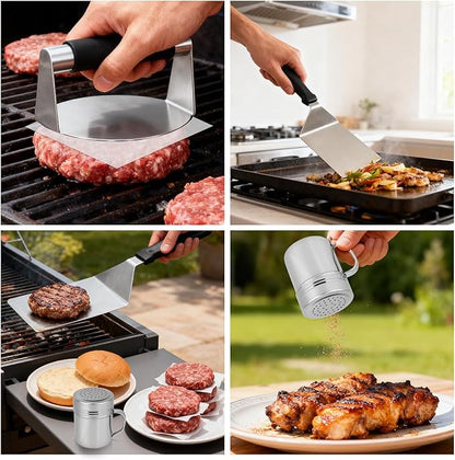Flattened Burger Press Smash Kit, Includes Stainless Steel Smasher Plate Grill Spatula Seasoning Shaker & Hamburger Patty Papers Griddle Accessories Tools for Flat Top Grill BBQ & Outdoor Cooking