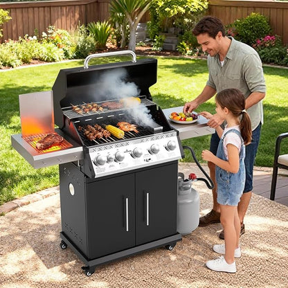 SKOK 5 Burner BBQ Grill with Infrared Side and Rear Burners,Gas Grill with Cast Iron Grates,Outdoor Barbecue Grill 72,000 BTU Output