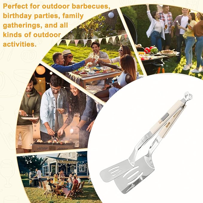 M METERXITY Spatula Tongs, 11.4 Inch 304 Stainless Steel Anti-Scald Multifunctional Flipper Grill Clamp for Cooking/Barbecue, Kitchen Cooking Tongs [White Handle, Silver Tone]