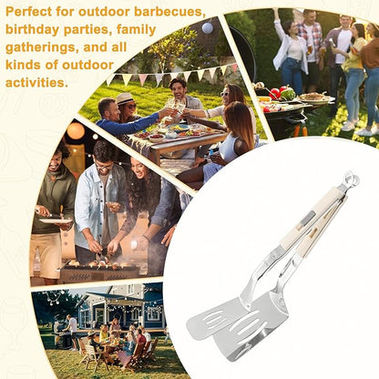 M METERXITY Spatula Tongs, 11.4 Inch 304 Stainless Steel Anti-Scald Multifunctional Flipper Grill Clamp for Cooking/Barbecue, Kitchen Cooking Tongs [White Handle, Silver Tone]