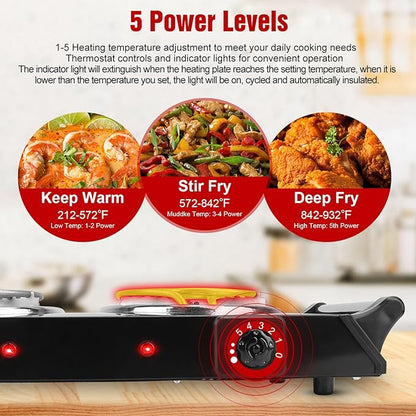 2000W Hot Plate,Portable Electric Stove Countertop Double Coil Burners W/5 Level Temperature Control & Stay Cool Handles, Easy to Clean, Lightweight Cast Iron Electric Stove for RV/Home/Camp 110V