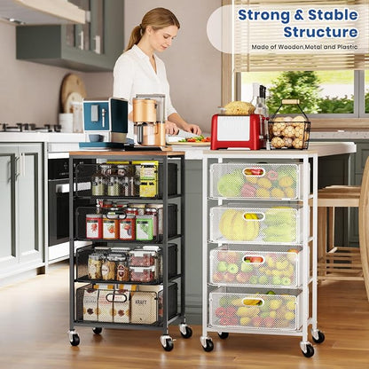 Goovilla Kitchen Cart with Drawers, Lockable Wheels with Wooden Top, Black | 4 Tier Metal Rolling Utility Cart Organizer, Fruit Vegetable Storage Rack Also for Cans, Snack, Craft, Art, Office, Beauty
