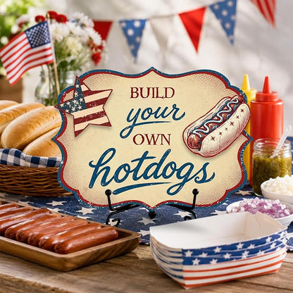 Hot Dog Stand Sign with Metal Display Stand, Wooden Patriotic Tabletop Menu Sign for BBQ Party, Food Truck, Buffet Table, Hot Dog Shop Decor, Independence Day 250th Anniversary Celebration - A01
