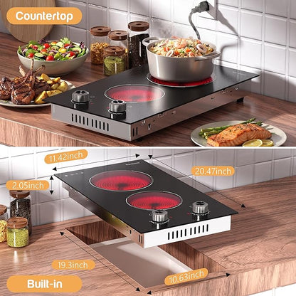 2 Burner Electric Cooktop 110V Karienvir, Plug in Electric Stove Top Burner 2000W, Cooktop Knob Controls, 12 Inch Countertop & Built-In Portable Kitchen Cooktop, 9 Power Levels, Residual Heat Warnings