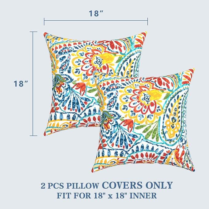 LVTXIII 2 Pack Outdoor Pillow Covers ONLY 18x18 Inch, Water-Repellent Square Decorative Cushion Covers for Patio Furniture, Garden, Sofa, Paisley Multi