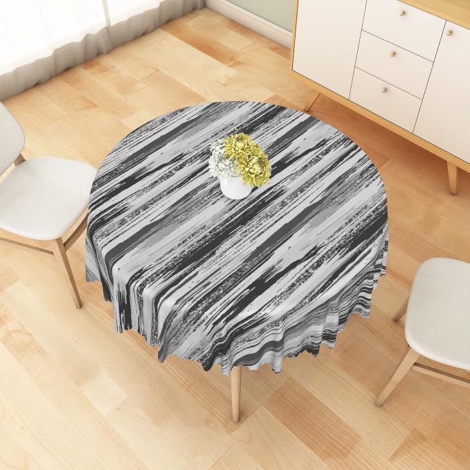 Abstract Striped Round Tablecloth 70 Inch Gray and White Old Texture Grunge Stripes Vintage Mosaic Dust-Proof Circle Table Cover Protector for Home Kitchen Restaurant Picnic Camping BBQ