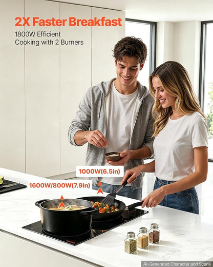 VEVOR Electric Cooktop 12inch 2 Burners Portable Stove Top 1800W 120V, Ceramic Countertop/Built-in Radiant Electric Stove, with 16 Power Levels, Timer, Child Lock, Over-Heat Guard, Touch Control