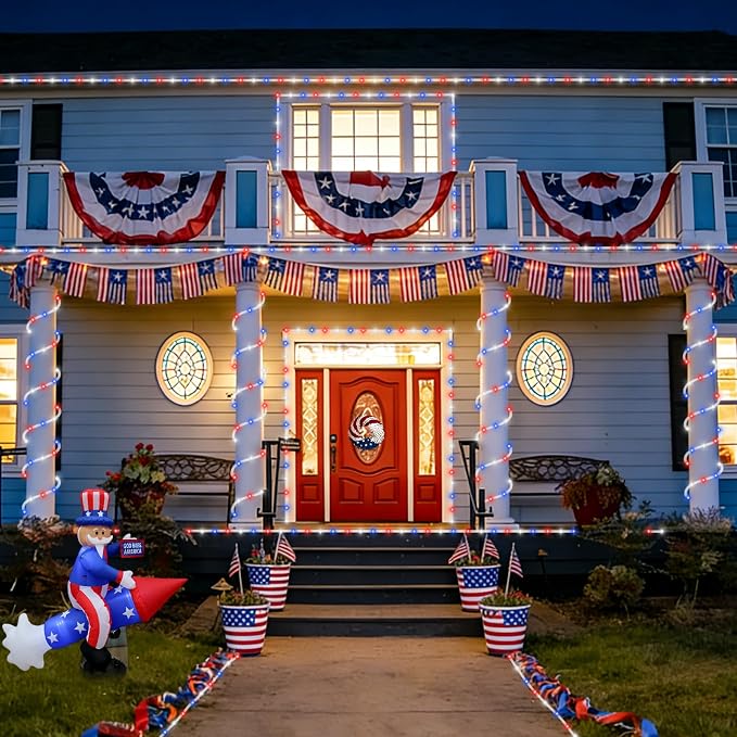 QITONG Red White Blue Solar Rope Lights, 2 Pack Each 33ft 100 LED Patriotic String Lights Outdoor, 8 Modes Fairy Lights in Clear Thin Tube for Independence Memorial Day Decor