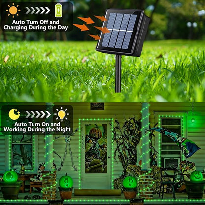 YEGUO Green Solar Halloween Lights, 66ft 200 LED Solar Rope Lights Outdoor Waterproof, 8 Modes Fairy Lights in Clear Thin Tube