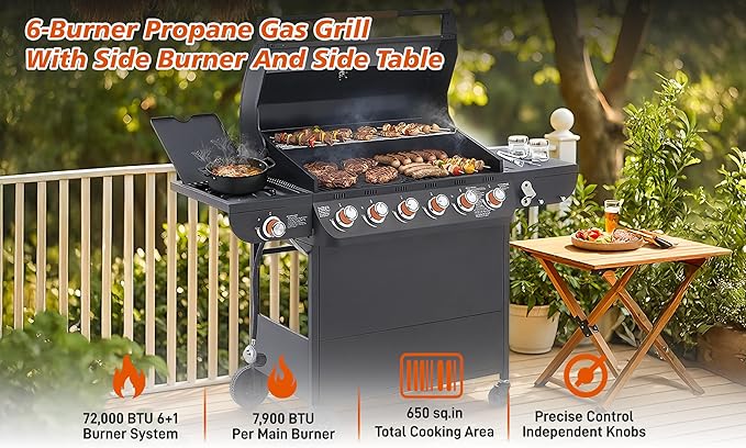 Outdoor Gas Grill with 6 Burners & Side Burner 59000 BTU Stainless Steel BBQ Grill Enamel-Coated Grates Side Tables for Backyard Patio Cooking Charcoal Grills & Smokers,A2