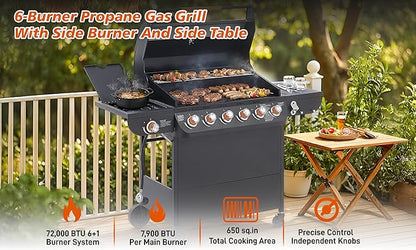 Outdoor Gas Grill with 6 Burners & Side Burner 59000 BTU Stainless Steel BBQ Grill Enamel-Coated Grates Side Tables for Backyard Patio Cooking Charcoal Grills & Smokers,A2