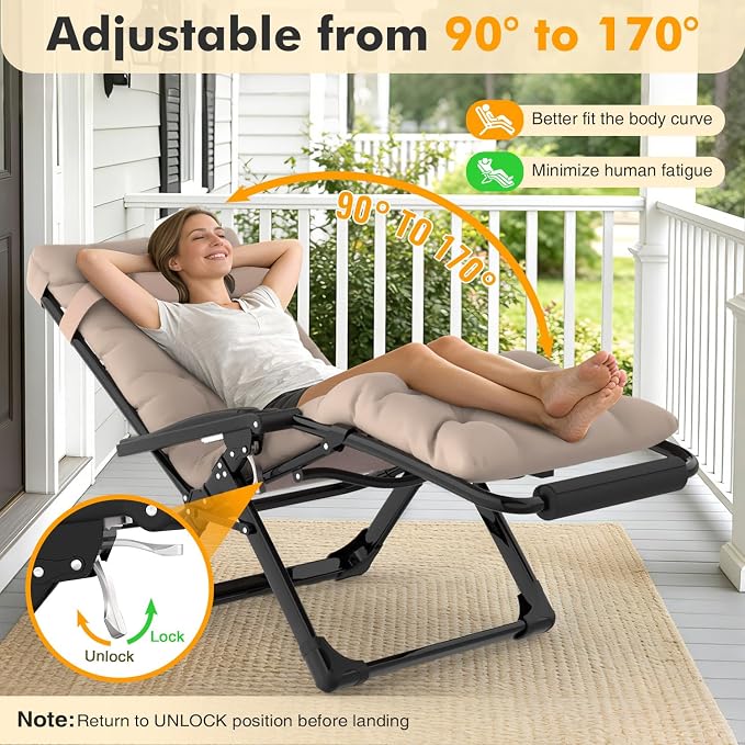 Slendor Oversized Zero Gravity Chairs XL, 29in Padded Recliner Chair, Beige | Reclining Lounge Chair, Folding Anti Gravity Chairs w/Aluminum Alloy Lock,Headrest,Cup Holder, Support 440lbs,for Lawn Patio