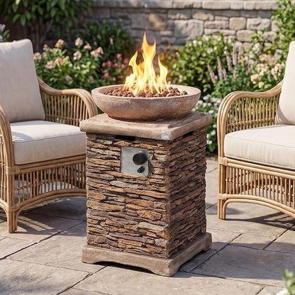 COSIEST Outdoor Propane Fire Pit Table w Faux Brown Compact Ledge Stone 20" Square Base and Faux Rose-Marble Round Bowl, Certified, 40,000 BTU, Free Lava Rocks, Fits 20lb Tank Inside, Raincover