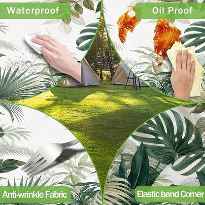 JAWO Picnic Table Cover with Bench Covers and Bag, Tropical Plant Leaves Rv Essentials, Waterproof Windproof Fabric, Fitted Tablecloth Cover with Elastic Edge, 3 PCS, 30x60 Inch