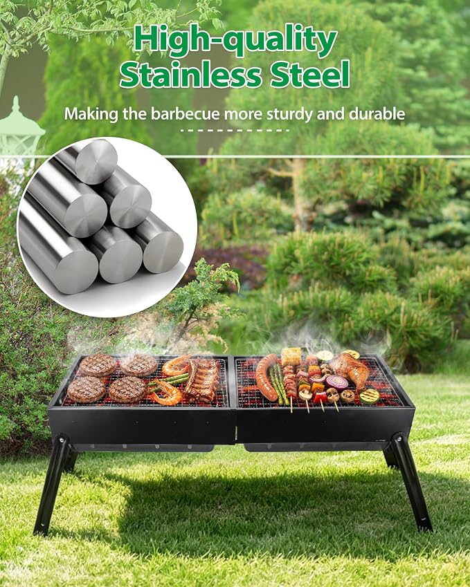 Kizmyee Portable BBQ Barbecue Grill, Foldable & Retractable BBQ Grill | Compact for Travel & Expandable for Multi-Person Use, for Outdoor Camping Picnic Backyard Travel