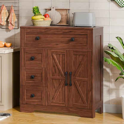 Vabches Farmhouse Storage Cabinet with 2 Doors and 4 Drawers, Freestanding Bathroom Storage Cabinet Kitchen Pantry, Floor Hutch Cupboard for Living Room/Bathroom/Kitchen,Walnut
