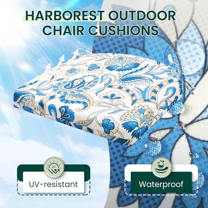HARBOREST Outdoor Chair Cushions Set of 4, Water Resistant Patio Chair Cushions with Ties, Outdoor Seat Cushions for Patio Furniture, 17"x16"x2", Blue Butterfly