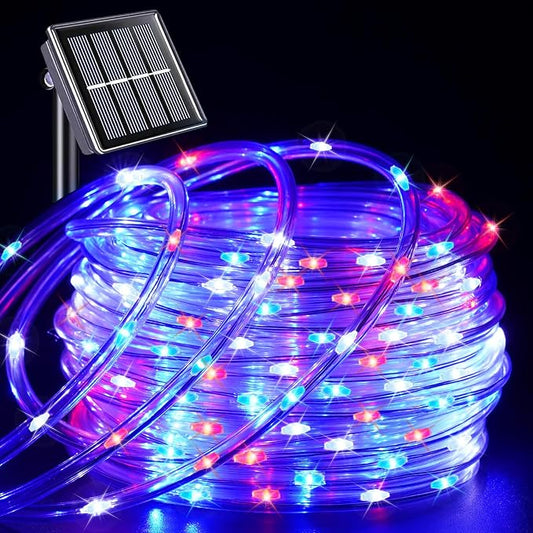 YEGUO Solar Rope Lights Outdoor Waterproof, 66ft 200 LED Red White and Blue Lights, 8 Modes Fairy Lights in Clear Thin Tube for Indoor Independence Memorial Day