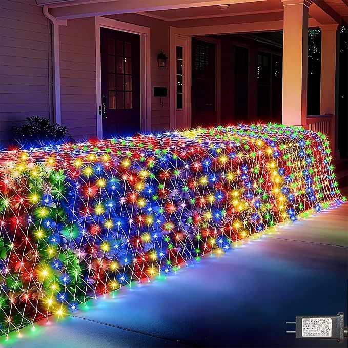 LitHome 14.8FT x 5FT Christmas Net Lights Outdoor Mesh Lights Connectable | 8 Modes 300 LED Waterproof Multicolor Christmas Mesh Light for Bushes, Garden, Backyard, Xmas, Holiday Decor, Clear Wire