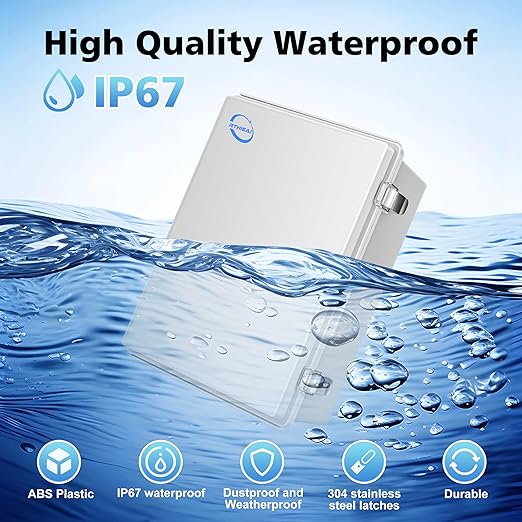 RTHIEAI Waterproof Outdoor IP67 Junction Box (11.4"x7.5"x5.5") with Mounting Plate, Hinged Grey Cover and Wall Brackets - Weatherproof ABS Plastic Electrical Enclosure for DIY Projects (290x190x140mm)