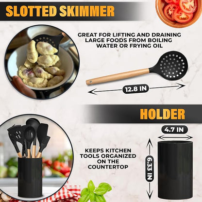 14 Pcs Black Kitchen Utensils Set with Holder for Nonstick Cookware | Silicone Cooking Utensils Set for BBQ; Heat-Resistant Tools with Wooden Handles for Baking, Serving, Frying, and Mixing