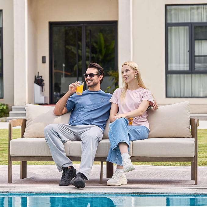 Aluminum Outdoor Patio Sofa, 3-Seat All-Weather Metal Modern Couch with Washable Thick Cushion for Garden/Backyard/Porch, Beige | All-Weather Metal