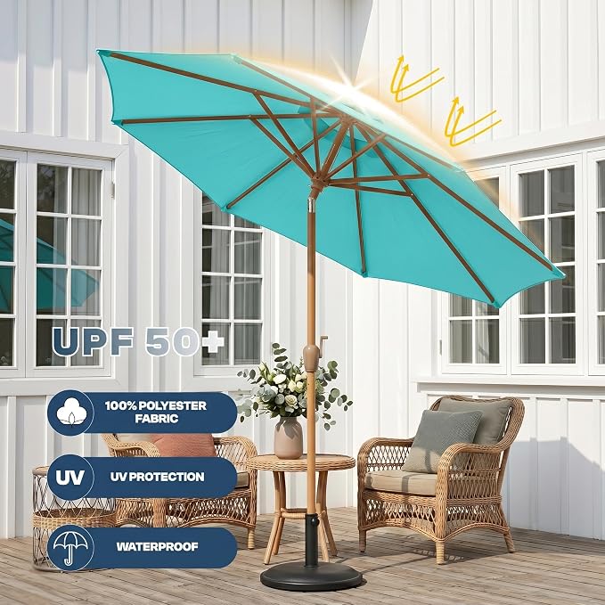 9ft Outdoor Patio Umbrella, Market Table Umbrella with Crank and Easy Push Button Tilt, Wood Grain Frame, UPF 50+ for Pool, Garden, Deck, Backyard