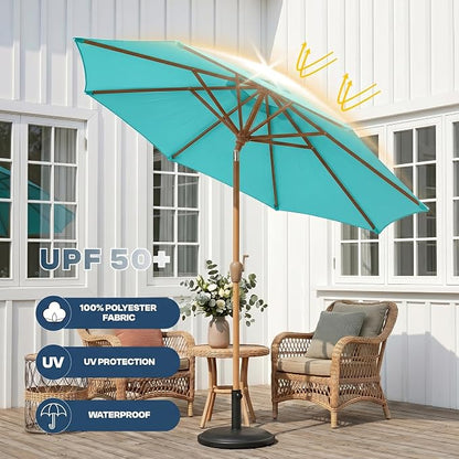 9ft Outdoor Patio Umbrella, Market Table Umbrella with Crank and Easy Push Button Tilt, Wood Grain Frame, UPF 50+ for Pool, Garden, Deck, Backyard