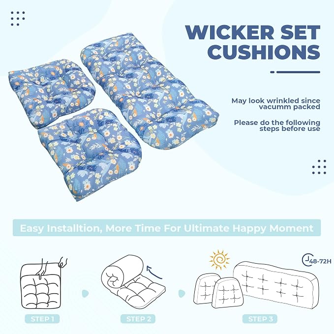 DANGHOOGY Wicker Chair Cushions, Waterproof Outdoor Loveseat Cushions for Patio Furniture, Tufted Wicker Furniture Cushions, 1 Loveseat and 2 U-Shaped Cushions (Blue Floral)