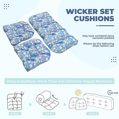 DANGHOOGY Wicker Chair Cushions, Waterproof Outdoor Loveseat Cushions for Patio Furniture, Tufted Wicker Furniture Cushions, 1 Loveseat and 2 U-Shaped Cushions (Blue Floral)