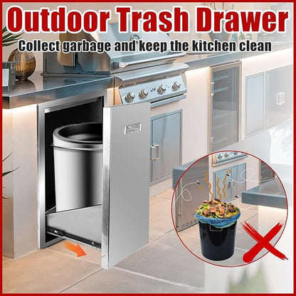Outdoor Kitchen Single Trash Drawer 19.7'' W x 29'' H x 15.7'' D Pull Out Stainless Steel Bin Drawer Built-in Trash Drawers with Handle Suitable for Outdoor Kitchen Island Patio Grill Station