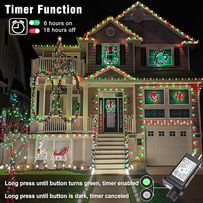 66FT 200 LED Outdoor String Lights, Plug in Christmas Lights Indoor Waterproof, 8 Modes Connectable Twinkle Fairy Lights Clear Wire for Outside Home Patio Tree Party Decorations, Red and Green