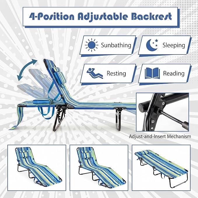Goplus Folding Chaise Lounge Beach Chair, Face Down Tanning Chair with Face Hole Detachable Pillow, Great for Outside Pool Patio Backyard, 5-Position Adjustable (2, Blue)