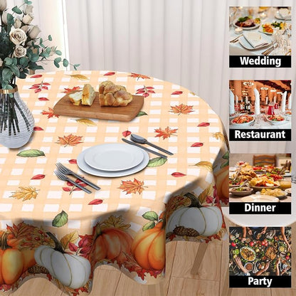 Sweetshow Thanksgiving Autumn Harvest Pumpkin Table Cloth Round Orange Plaid Fall Leaves Tablecloth 70 Inch Decor Washable Stain and Wrinkle Resistant Round Table Cover for Dining Party Picnic