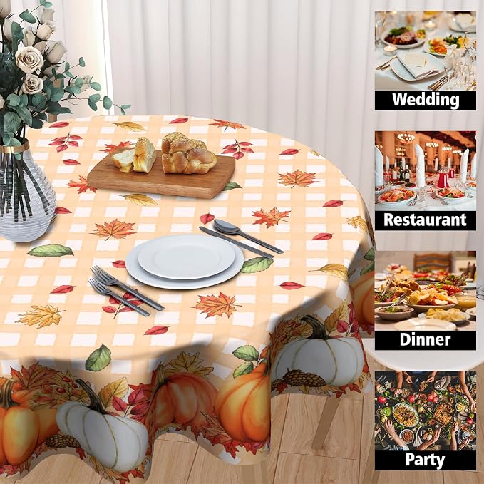 Sweetshow Thanksgiving Autumn Harvest Pumpkin Table Cloth Round Orange Plaid Fall Leaves Tablecloth 60 Inch Decor Washable Stain and Wrinkle Resistant Round Table Cover for Dining Party Picnic