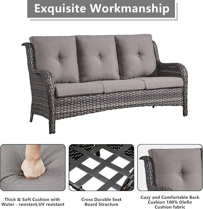 Rilyson Wicker Outdoor Patio Sofa with Ottoman, Large 3 Seater Wicker Patio Couch with 4in Replaceable Seat Cushions and Deep Seating, All Weather for Backyard, Garden, Poolside (Mixed Grey/Grey)