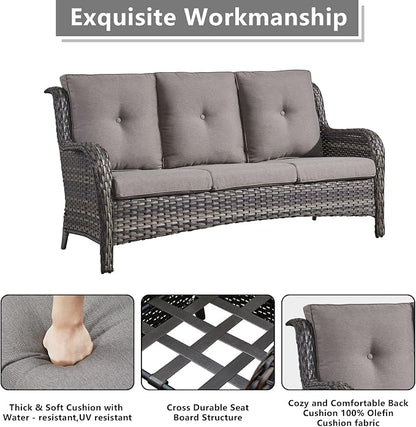 Rilyson Wicker Outdoor Patio Sofa with Ottoman, Large 3 Seater Wicker Patio Couch with 4in Replaceable Seat Cushions and Deep Seating, All Weather for Backyard, Garden, Poolside (Mixed Grey/Grey)