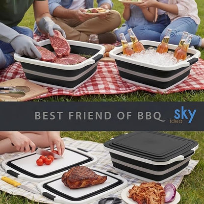 Collapsible BBQ Prep Tub with Lid - XL 4.22 GAL Folding Cutting Board & Food Basin for Outdoor Cooking, Marinating Container, Space Saving Prep Station (Black)