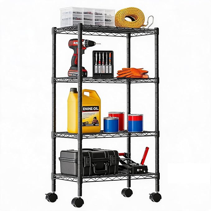 DUMOS 4-Tier Metal Storage Shelves, Wire Shelving, 23.2" W | Lockable Wheels, Adjustable Standing, Heavy Duty Steel Unit, Kitchen Bathroom Pantry Garage Organizers, 47.1"H