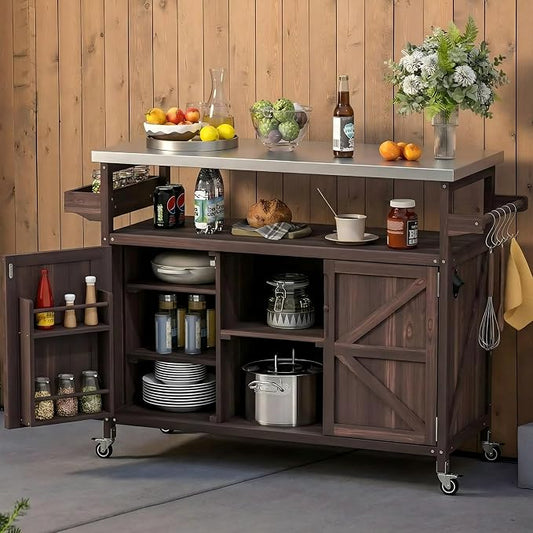 MEETFFAV 50.25" W Grill Cart with Stainless Steel Tabletop, Brown F | Fir Wood Bar Patio Kitchen Island with Ample Storage and Lockable Wheels, Outdoor Storage Cabinet for BBQ Grill