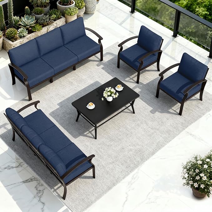 ALAULM Aluminum Patio Furniture Set with Coffee Table Rectangular, 8-seat Outdoor Sectional Furniture w/5.1" Cushions, Patio Conversation Set for Porch, Backyard, Poolside-Dark Blue