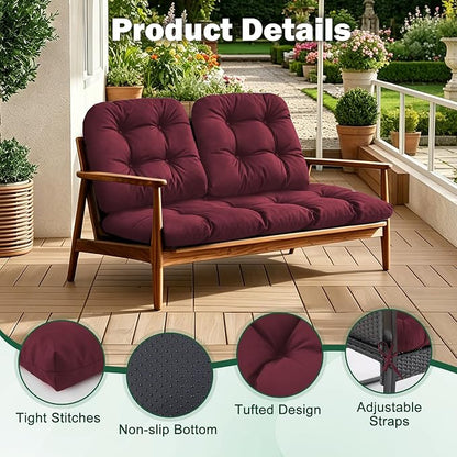 Outdoor Wicker Chair Cushions, 44×19×4 in, Waterproof, Burgundy | Waterproof Wicker Furniture Cushions, Fade Resistant, 3 Piece Patio Furniture Cushions Set for Bench, Loveseat, Swing, Settee