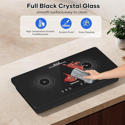 1800W Portable Double Induction Cooktop – 2 Burner Countertop Electric Stove with Touch Control, Dot Pattern Panel, 8 Power Levels, Timer, Safety Lock, Compatible with Magnetic Cookware
