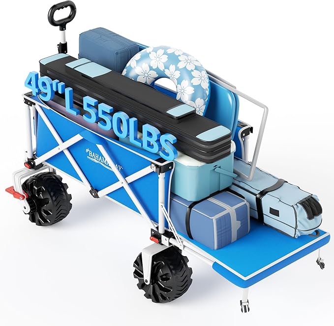 300lbs Extra Long 49" L Beach Wagon with Big Wheels with Brake for Sand, Collapsible Utility Beach Cart Heavy Duty Folding Wagon,Ideal for Outdoor Sand Camping Garden Pet