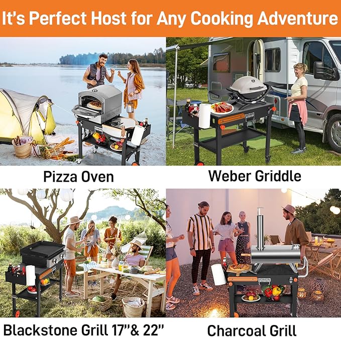 EUTRKei Outdoor Grill Cart with Wheels, Blackstone Griddle Stand for 17" & 22", Folding Grill Table for Weber Grill, Ninja Woodfire Outdoor Grill, Portable Grill Table for Griddle Accessories