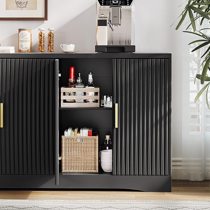 Memobarco 55" Modern Sideboard Buffet Cabinet with Storage, 4 Door Fluted Credenza Table Media Console Cabinet Entryway Cabinets for Living Room Kitchen, Black