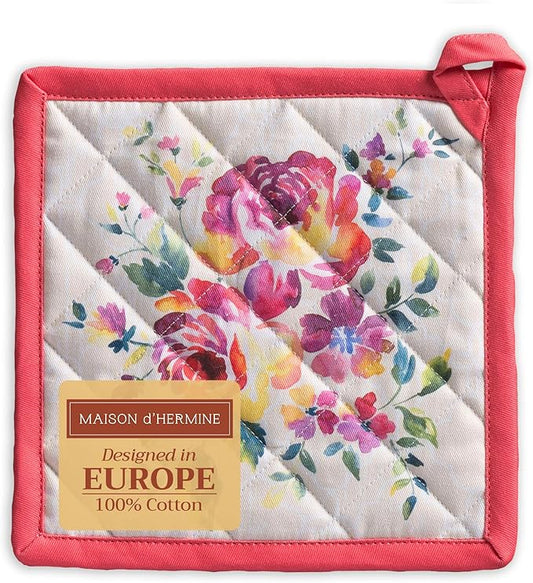 Maison d' Hermine Pot Holders 100% Cotton Heat Resistant Potholders 8" x 8" Hot Pads with Loop BBQ Cooking Baking Hotel Farmhouse Kitchen Handling Hot Pans Spring Summer (Pack of 1, Rose Garden)