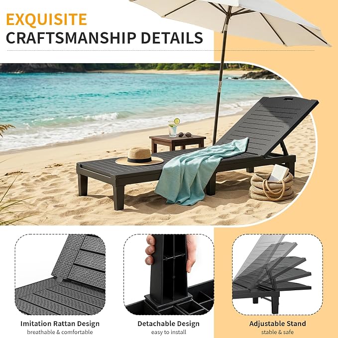 Chaise Lounge Chair Outdoor Set of 2, Black | Waterproof Sun Tanning Chair with 5-Position Adjustable Backrest, Lightweight Lawn Chairs for Pool, Beach, Patio & Garden
